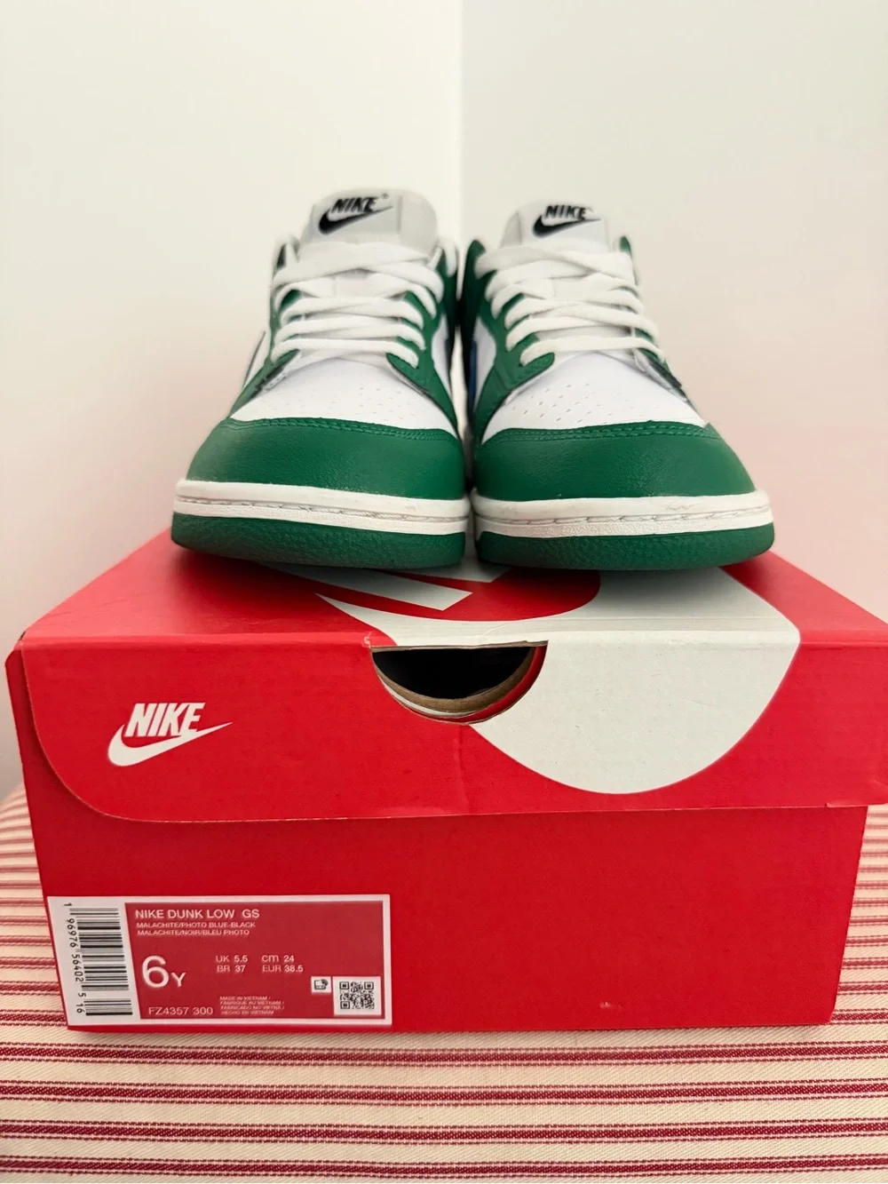 Nike Kids Low-Top Sneakers — White, Green & Red with Blue Swoosh